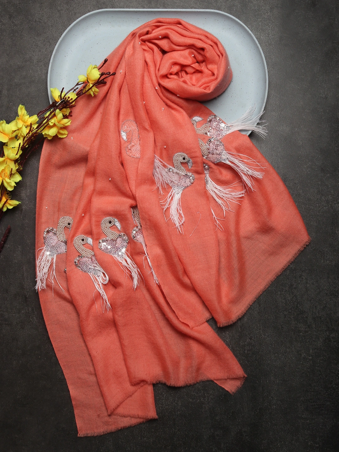 Peach Pure Pashmina Shawl with Feather Bird design, 100% pashmina shawl online-MOD-PP-PEACH-FEATHERBIRDS