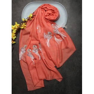 Peach Pure Pashmina Shawl with Feather Bird design, 100% pashmina shawl online