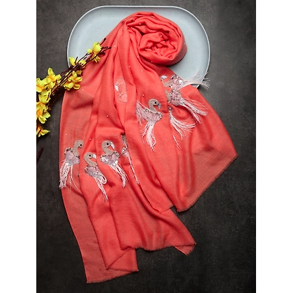 Peach Pure Pashmina Shawl with Feather Bird design, 100% pashmina shawl online-MOD-PP-PEACH-FEATHERBIRDS