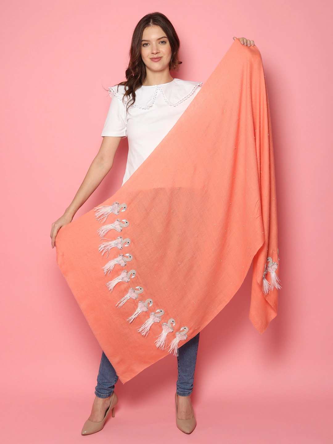 Peach Pure Pashmina Shawl with Feather Bird design, 100% pashmina shawl online-1