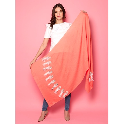 Peach Pure Pashmina Shawl with Feather Bird design, 100% pashmina shawl online-1