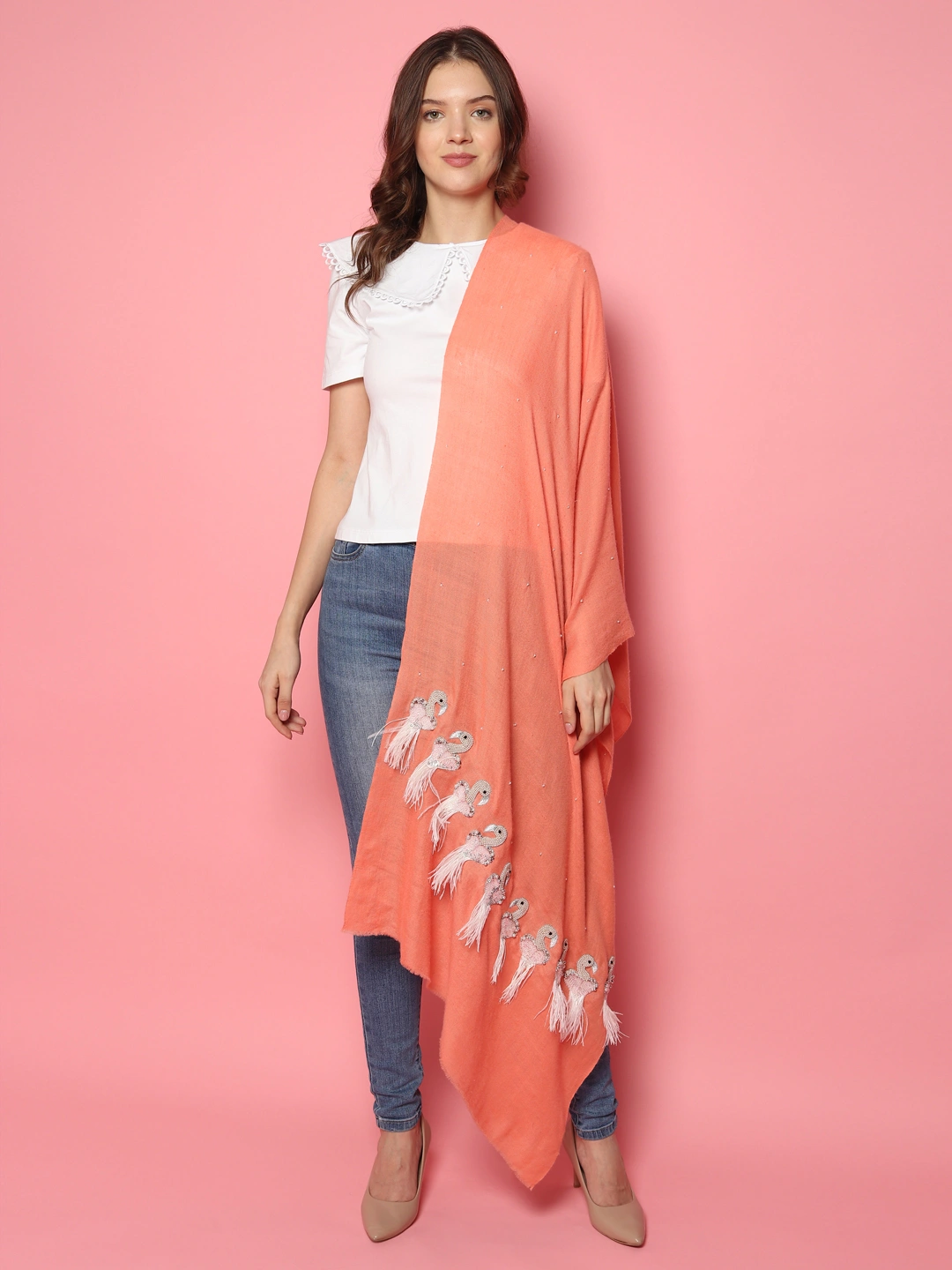 Peach Pure Pashmina Shawl with Feather Bird design, 100% pashmina shawl online-2