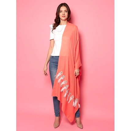 Peach Pure Pashmina Shawl with Feather Bird design, 100% pashmina shawl online-2