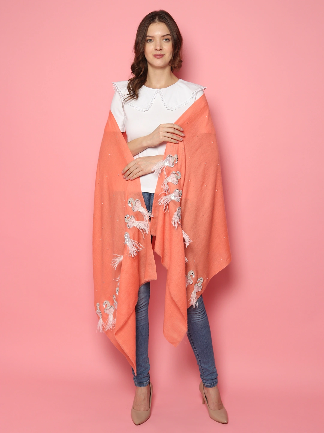 Peach Pure Pashmina Shawl with Feather Bird design, 100% pashmina shawl online-3