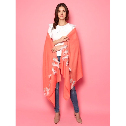Peach Pure Pashmina Shawl with Feather Bird design, 100% pashmina shawl online-3