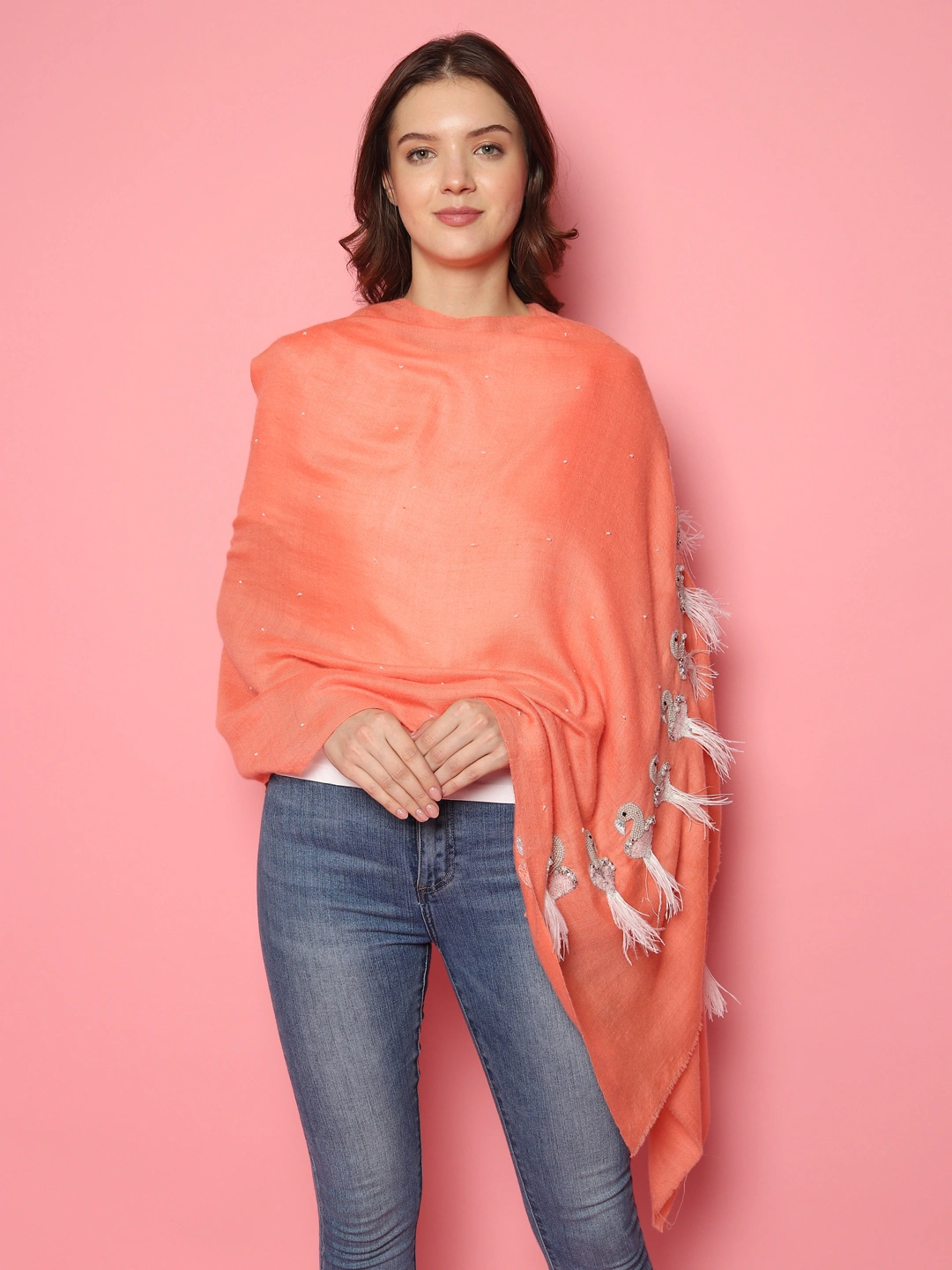 Peach Pure Pashmina Shawl with Feather Bird design, 100% pashmina shawl online-4