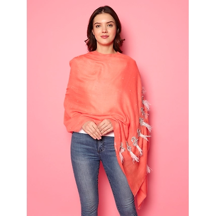 Peach Pure Pashmina Shawl with Feather Bird design, 100% pashmina shawl online-4