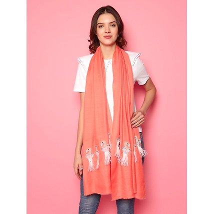 Peach Pure Pashmina Shawl with Feather Bird design, 100% pashmina shawl online-5