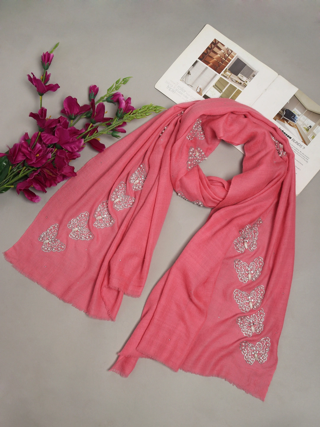 Pashmina Pink Shawl with swarovski and pearls butterflies-MOD-PP-PINK-SWARBF