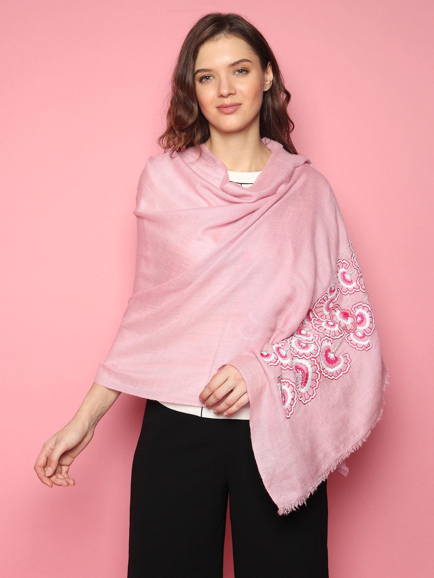 Baby Pink Shawl 100% Pure Pashmina Shawl, hand embroidery shawl with floral artwork pattern, kashmiri shawls online-3