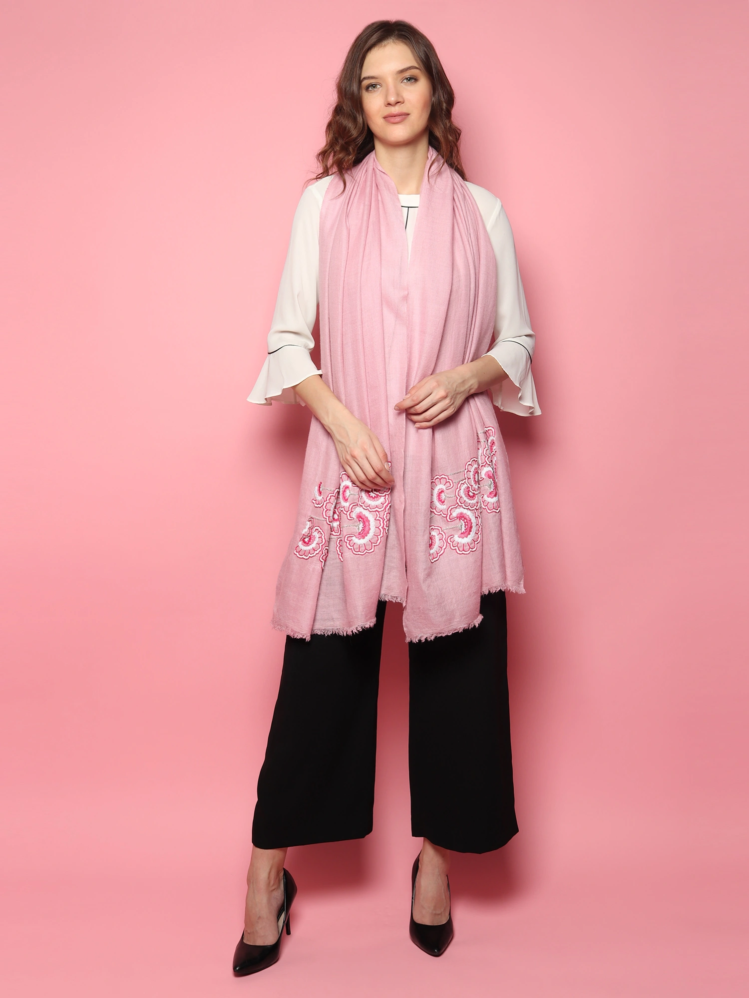 Baby Pink Shawl 100% Pure Pashmina Shawl, hand embroidery shawl with floral artwork pattern, kashmiri shawls online-4