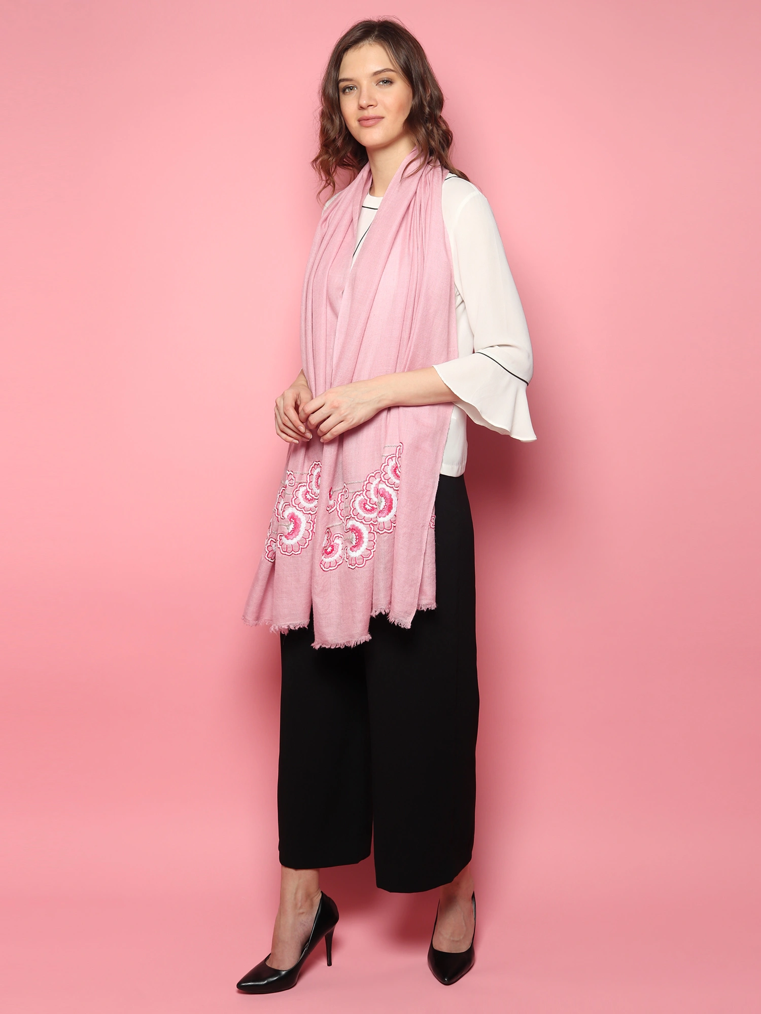 Baby Pink Shawl 100% Pure Pashmina Shawl, hand embroidery shawl with floral artwork pattern, kashmiri shawls online-5