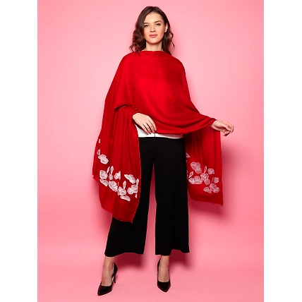Red Shawl Pure Pashmina Shawl, 100% Pashmina Shawl, Kashmiri Shawl, Handmade Shawl, Hand embroidered shawls-MOD-PP-RED-WHITEFL