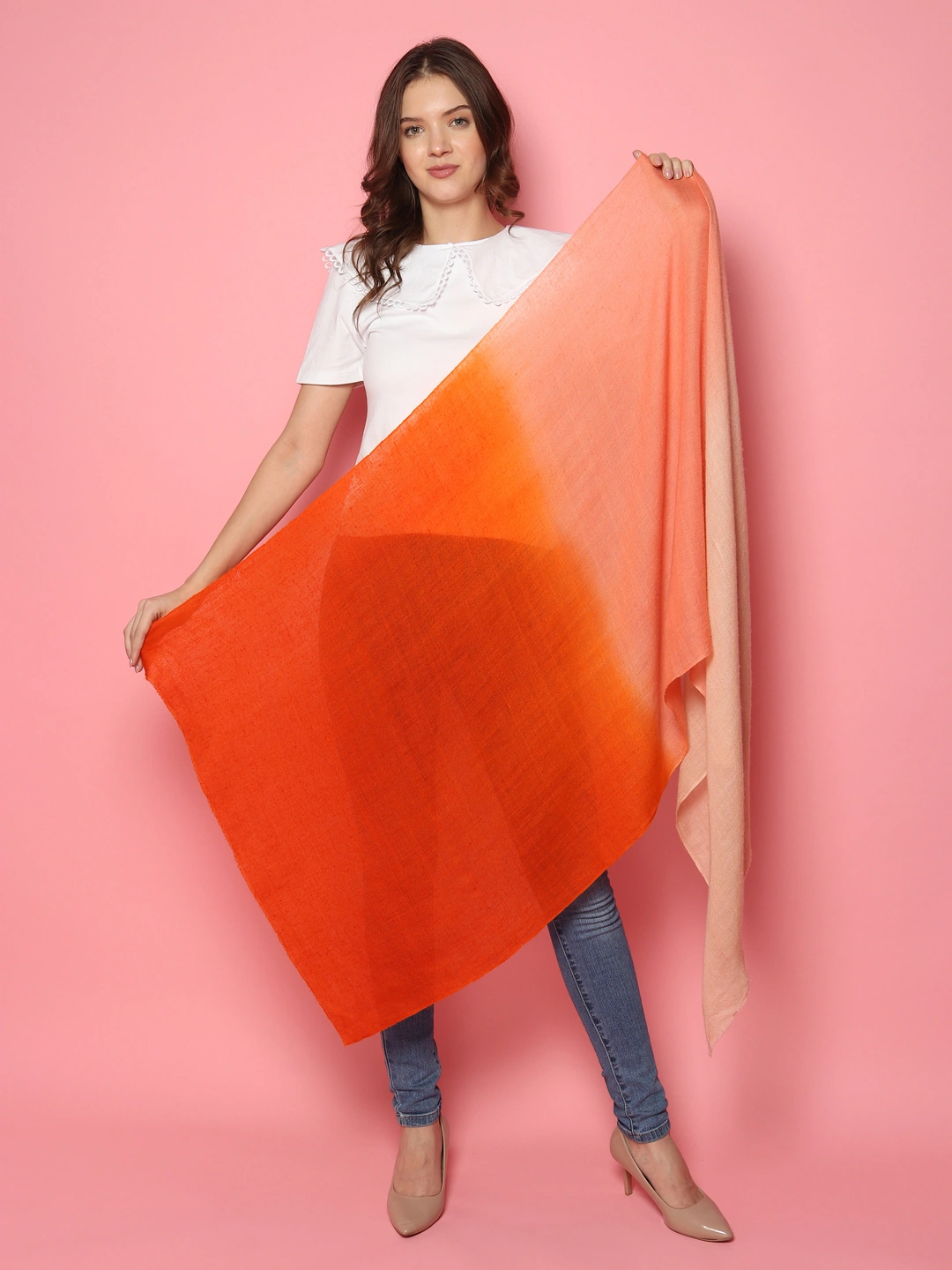 Orange Biege Ombre Pure Pashmina Online Multi shaded Shawl-MOD-PP-SH-ORANGE