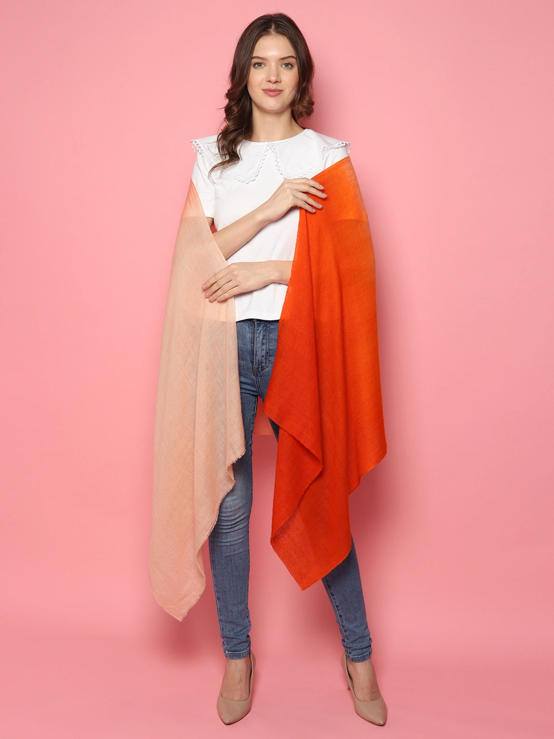 Orange Biege Ombre Pure Pashmina Online Multi shaded Shawl-2