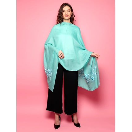 Turquoise Blue Shawl, Hand Embroidered Handmade Pure Pashmina Shawl , 100% Pashmina Shawl-MOD-PP-TB-WFLORAL