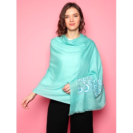 Turquoise Blue Shawl, Hand Embroidered Handmade Pure Pashmina Shawl , 100% Pashmina Shawl-2
