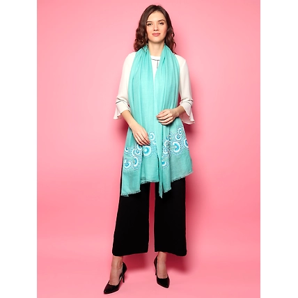 Turquoise Blue Shawl, Hand Embroidered Handmade Pure Pashmina Shawl , 100% Pashmina Shawl-3