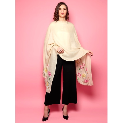 White Shawl made of pure pashmina with hand embroidery floral pattern-1