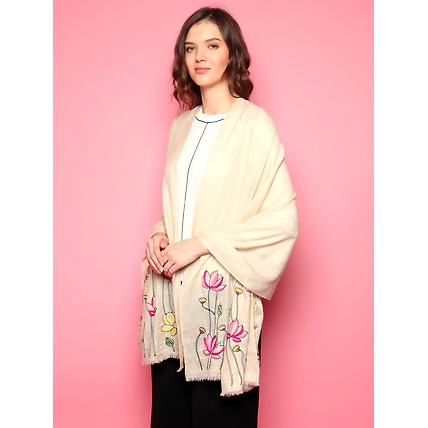White Shawl made of pure pashmina with hand embroidery floral pattern-2