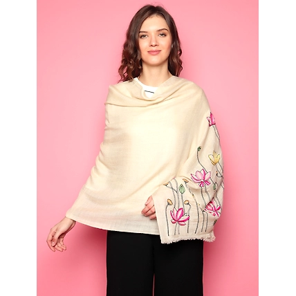 White Shawl made of pure pashmina with hand embroidery floral pattern-3