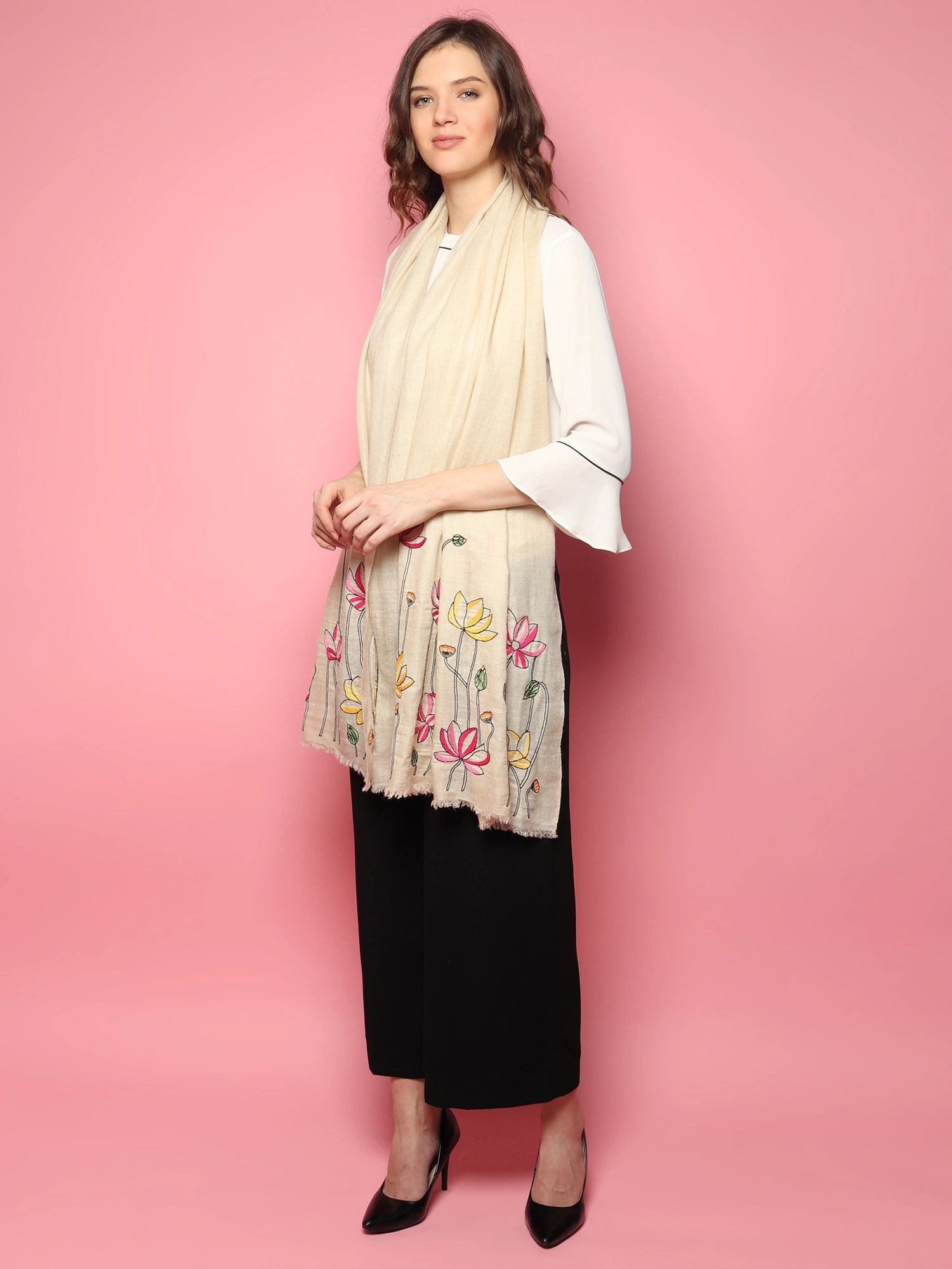 White Shawl made of pure pashmina with hand embroidery floral pattern-5