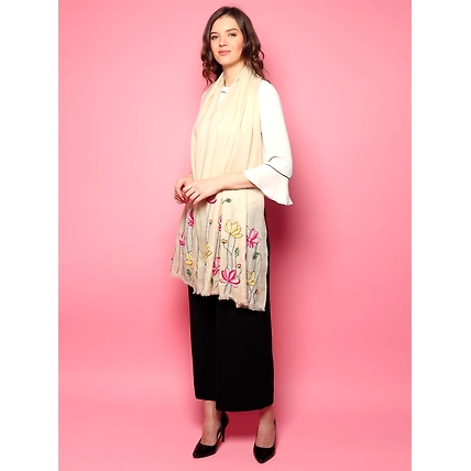White Shawl made of pure pashmina with hand embroidery floral pattern-5