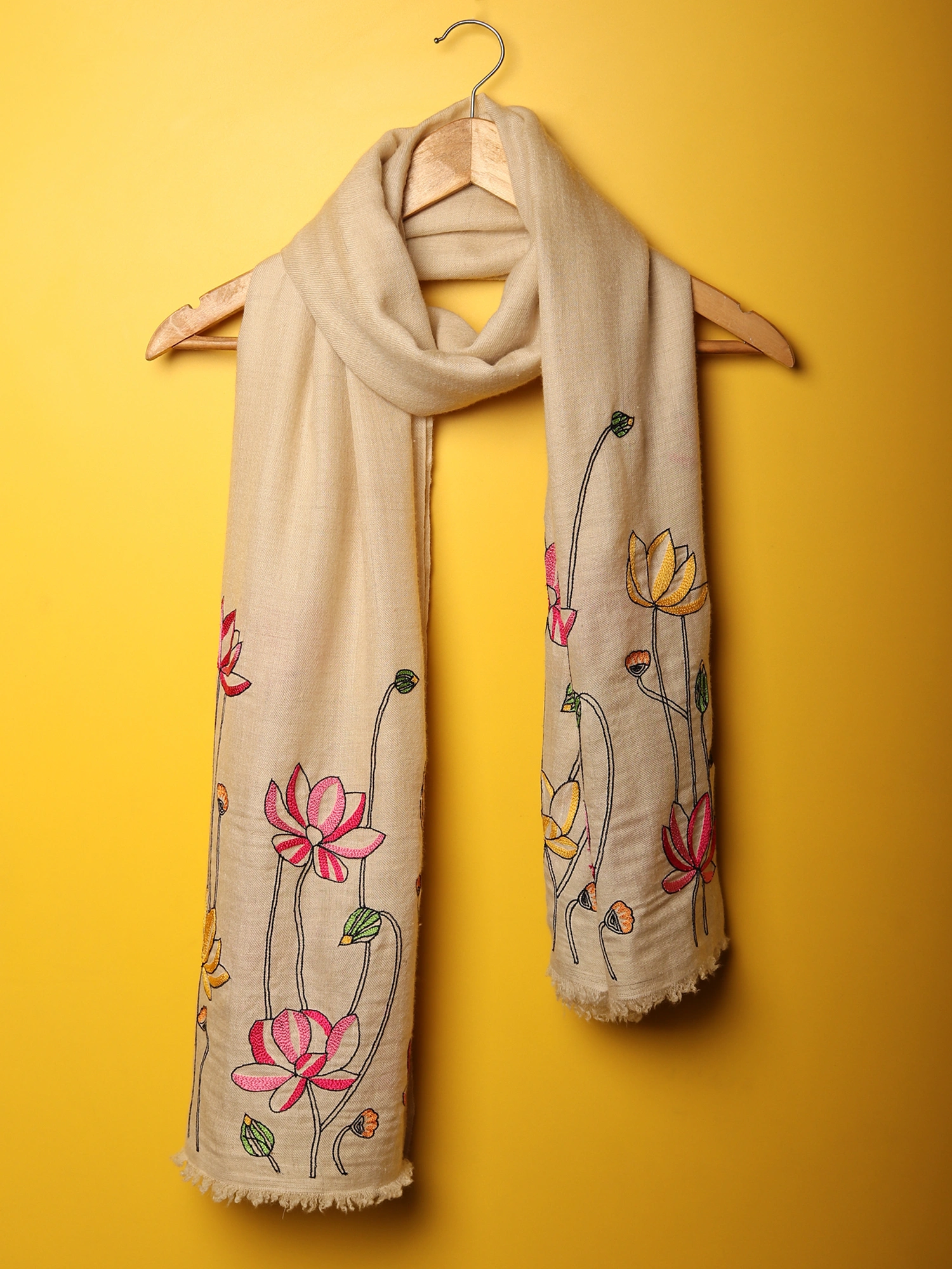 White Shawl made of pure pashmina with hand embroidery floral pattern-6