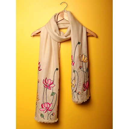 White Shawl made of pure pashmina with hand embroidery floral pattern-6