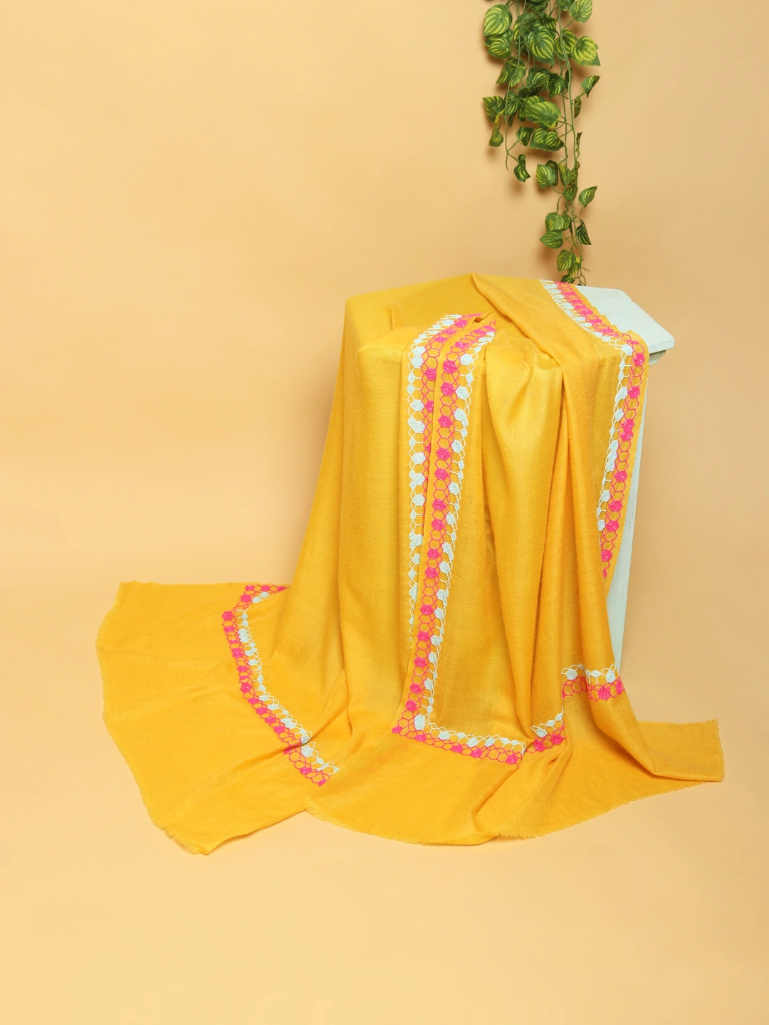 Bright Yellow Shawl, Pure Pashmina Shawl with hand embroidered geometric border-MOD-PP-YELLOW-GEOSEQ