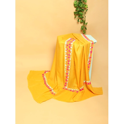 Bright Yellow Shawl, Pure Pashmina Shawl with hand embroidered geometric border-MOD-PP-YELLOW-GEOSEQ