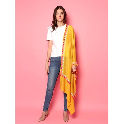 Bright Yellow Shawl, Pure Pashmina Shawl with hand embroidered geometric border-2