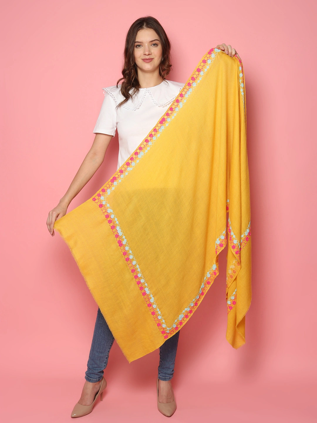 Bright Yellow Shawl, Pure Pashmina Shawl with hand embroidered geometric border-3