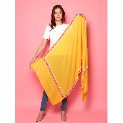 Bright Yellow Shawl, Pure Pashmina Shawl with hand embroidered geometric border-3