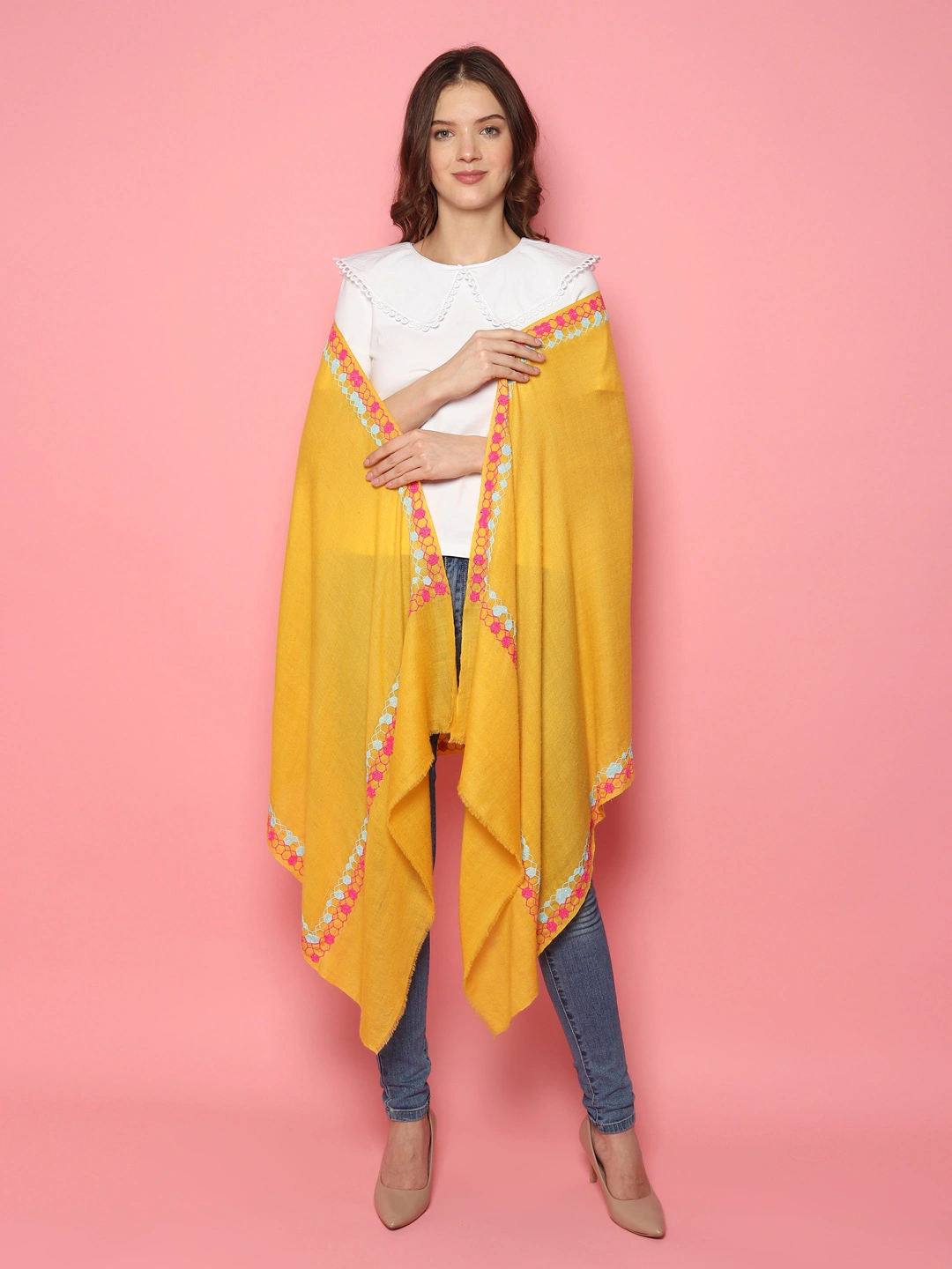 Bright Yellow Shawl, Pure Pashmina Shawl with hand embroidered geometric border-4