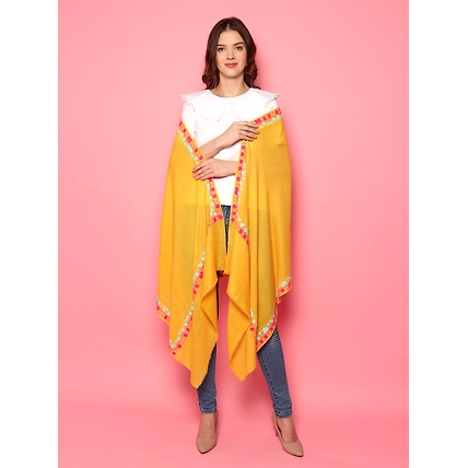 Bright Yellow Shawl, Pure Pashmina Shawl with hand embroidered geometric border-4