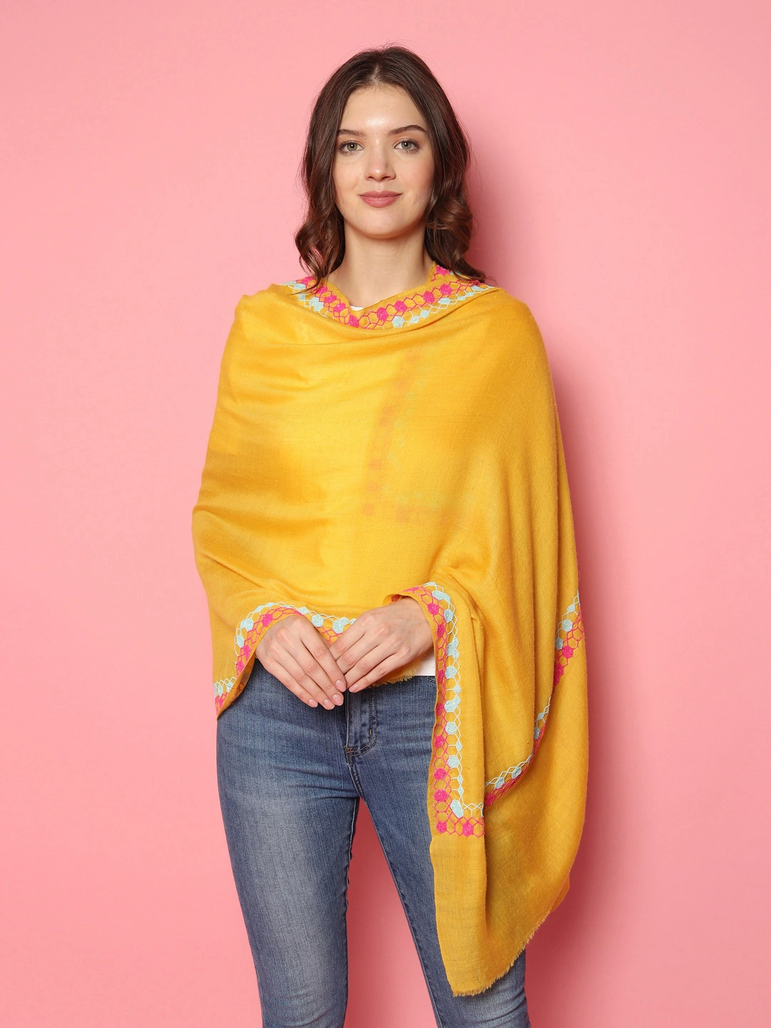 Bright Yellow Shawl, Pure Pashmina Shawl with hand embroidered geometric border-5