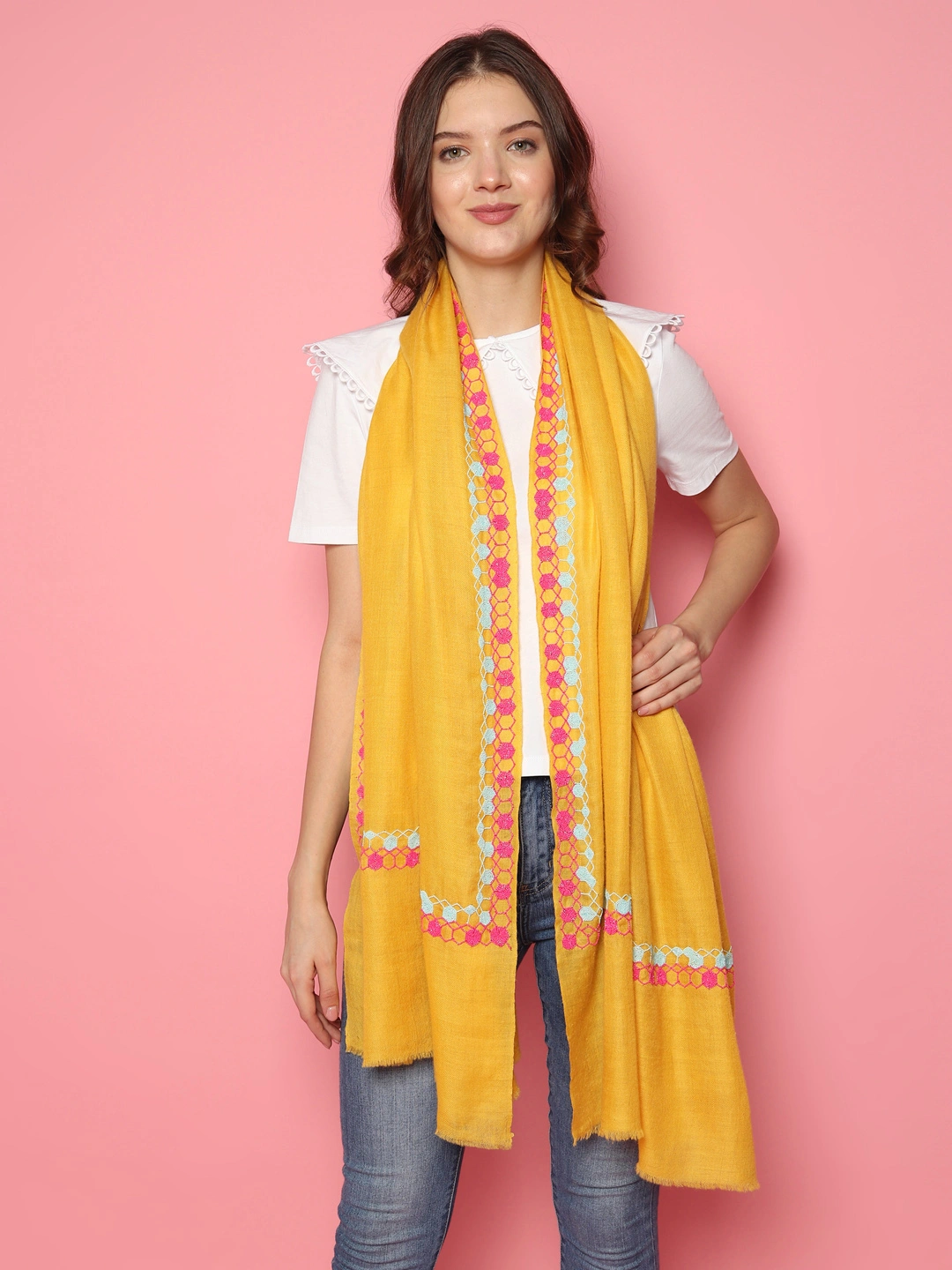 Bright Yellow Shawl, Pure Pashmina Shawl with hand embroidered geometric border-6