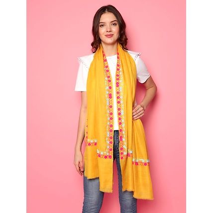 Bright Yellow Shawl, Pure Pashmina Shawl with hand embroidered geometric border-6