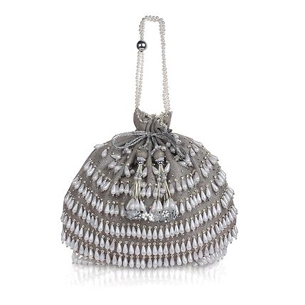 Silver Potli Bag - White Pearls Magic-MOD-SHIMMER-SIL-POTLI-PEARLS