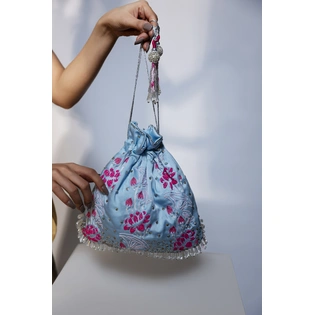 Designer Blue Potli Bag, floral design , hand embroidered potli bag