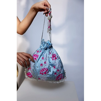 Designer Blue Potli Bag, floral design , hand embroidered potli bag-MOD-SKYBLUE-POTLIFLORAL