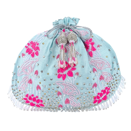 Designer Blue Potli Bag, floral design , hand embroidered potli bag-1