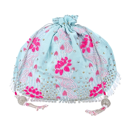 Designer Blue Potli Bag, floral design , hand embroidered potli bag-2