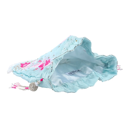 Designer Blue Potli Bag, floral design , hand embroidered potli bag-4