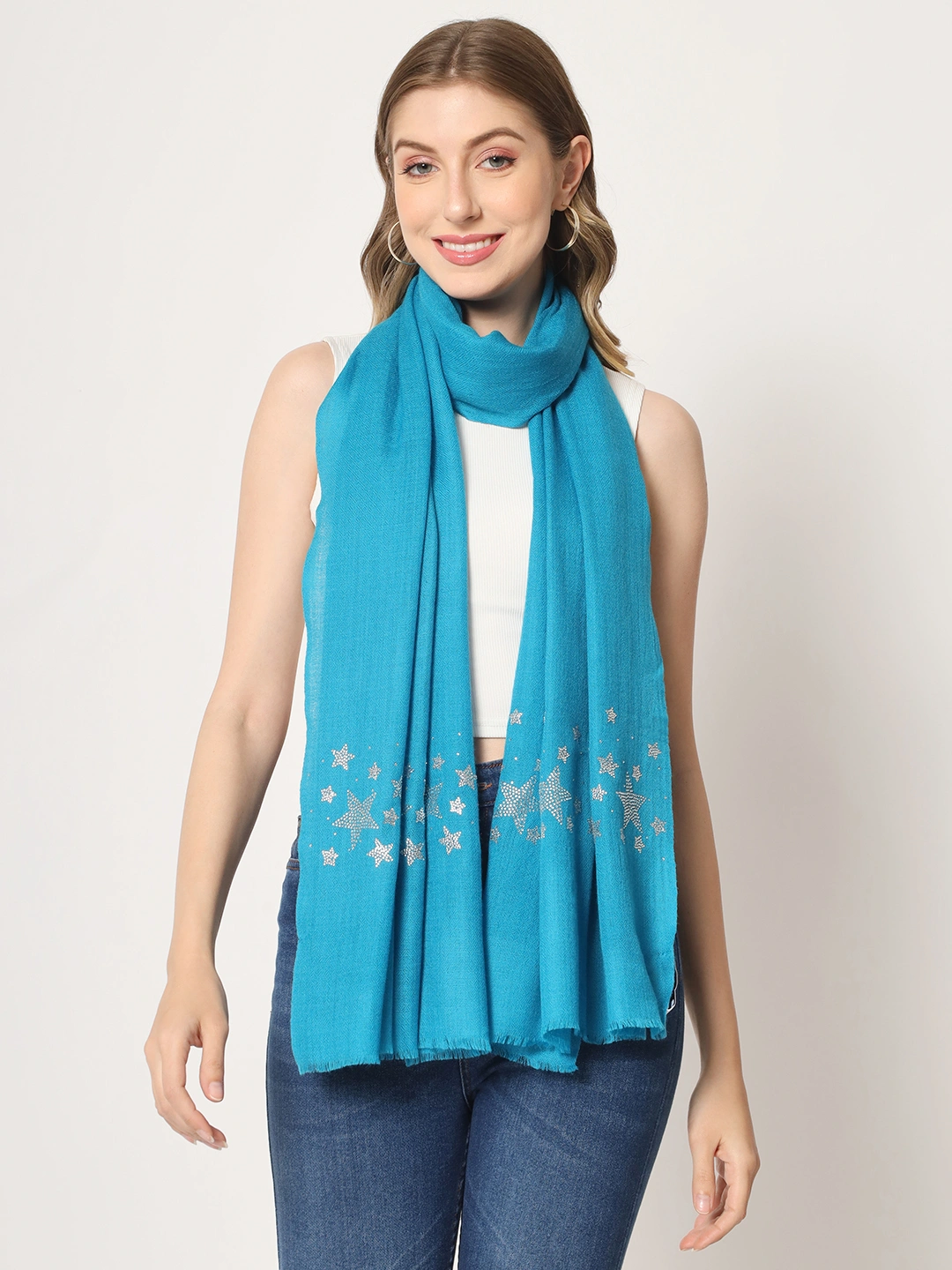 Blue Woolen Shawl embellished with a swarovski stars border-3