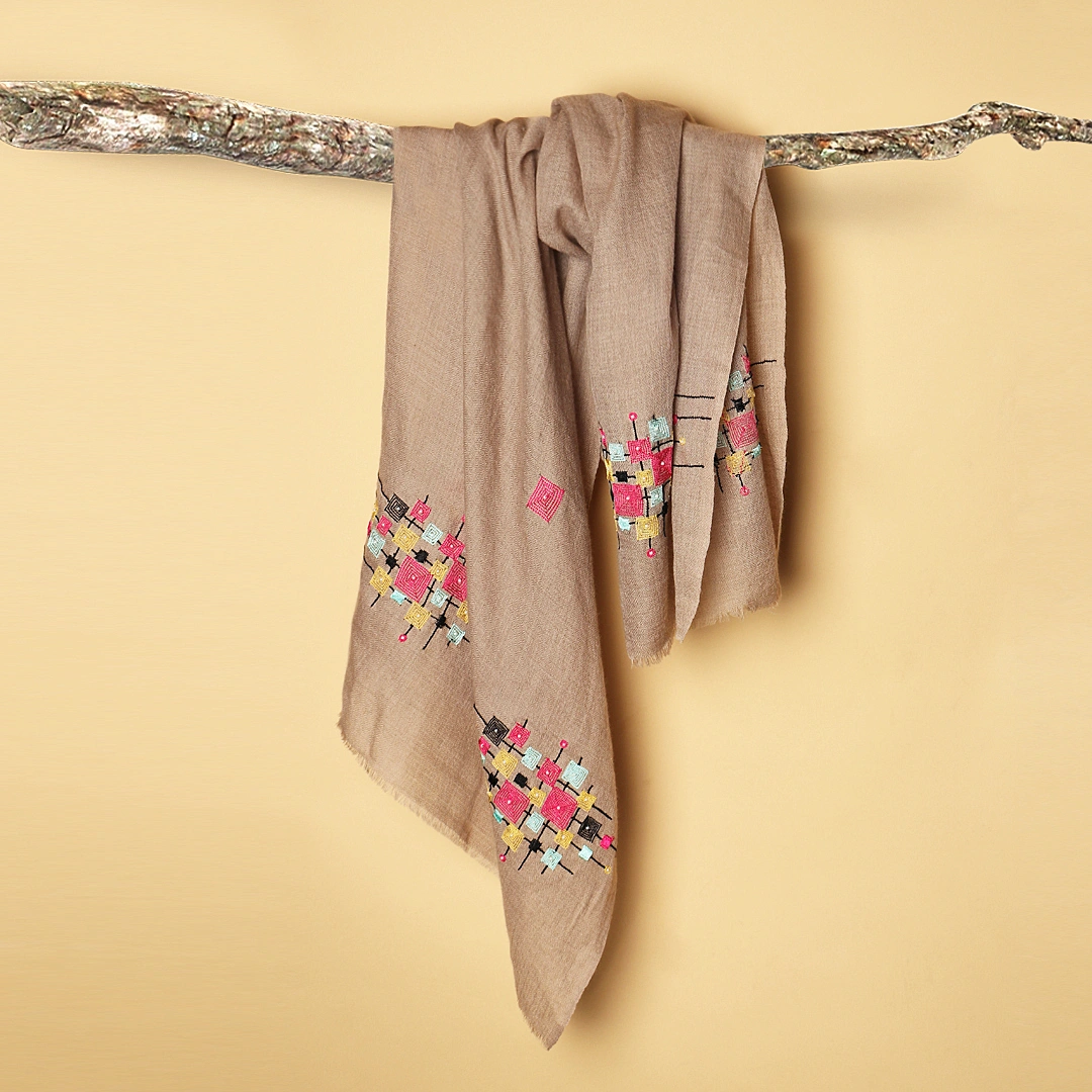 Tan Pure Pashmina Shawl with Geometric Hand Embroidered Design-MOD-TAN-PP-GEO