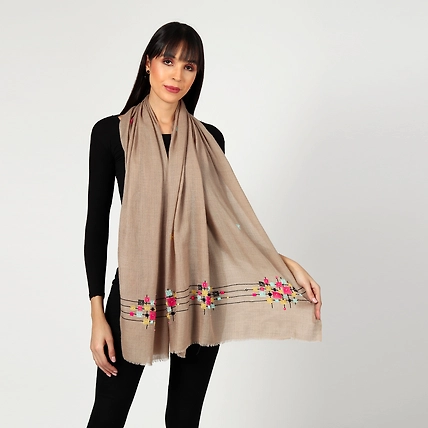 Tan Pure Pashmina Shawl with Geometric Hand Embroidered Design-1