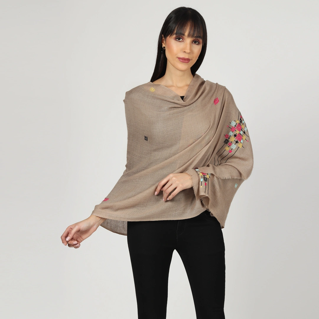 Tan Pure Pashmina Shawl with Geometric Hand Embroidered Design-3