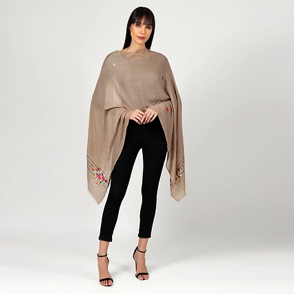 Tan Pure Pashmina Shawl with Geometric Hand Embroidered Design-4
